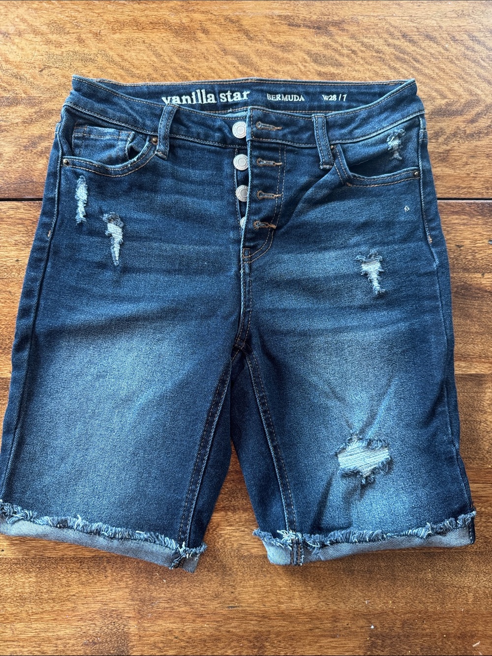 Vanilla Star Dark Blue Distressed Denim Bermuda Shorts 28/7